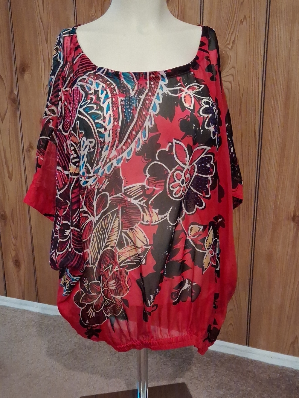 Chico's Red Multicolor Sheer Floral Scoop Neck Top